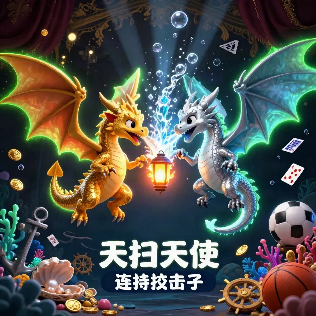 Twin gold and silver dragons spiral through a treasure cove of coins, coral and casino props.