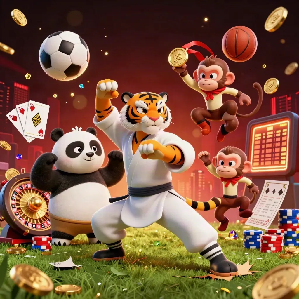 Tiger, panda and monkey in casino action with coins, roulette, cards and sports balls.
