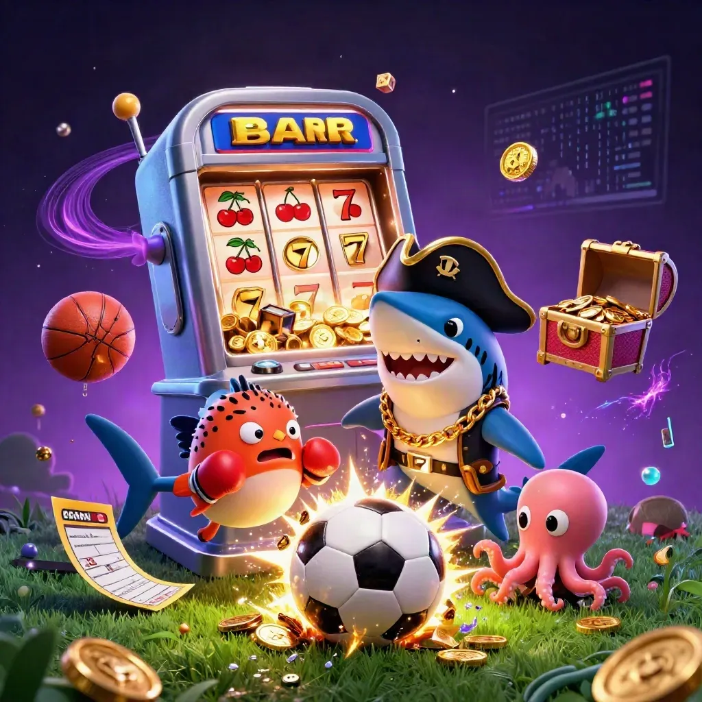 Ground-level football burst with pirate shark, pufferfish, octopus, coins, slot symbols and neon casino glow.