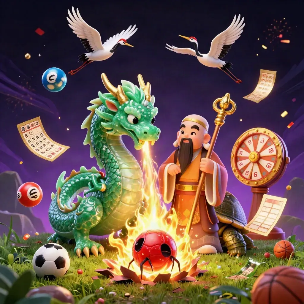 Emerald dragon, turtle sage and cranes explode around a cricket ball in a neon casino fantasy