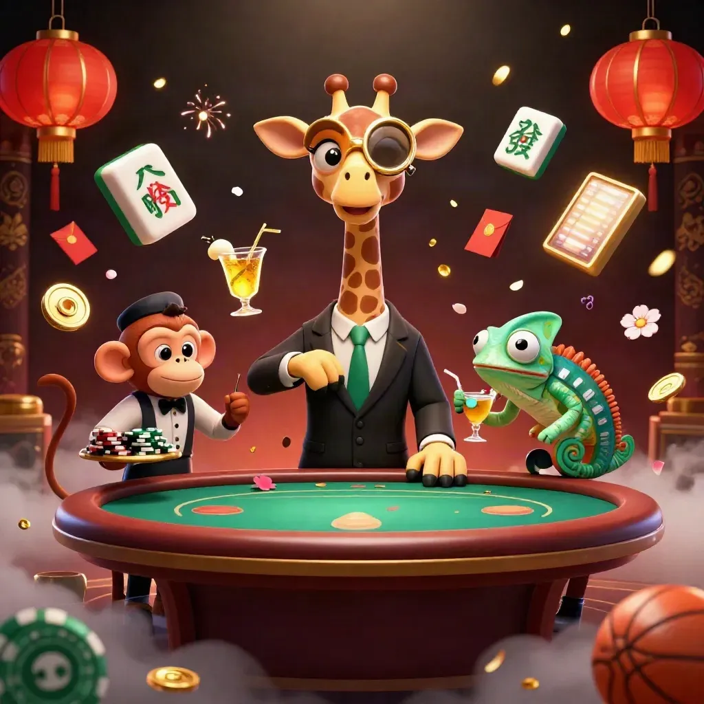 VIP casino giraffe, monkey valet and chameleon bartender amid gold coins, lanterns and flying sports balls