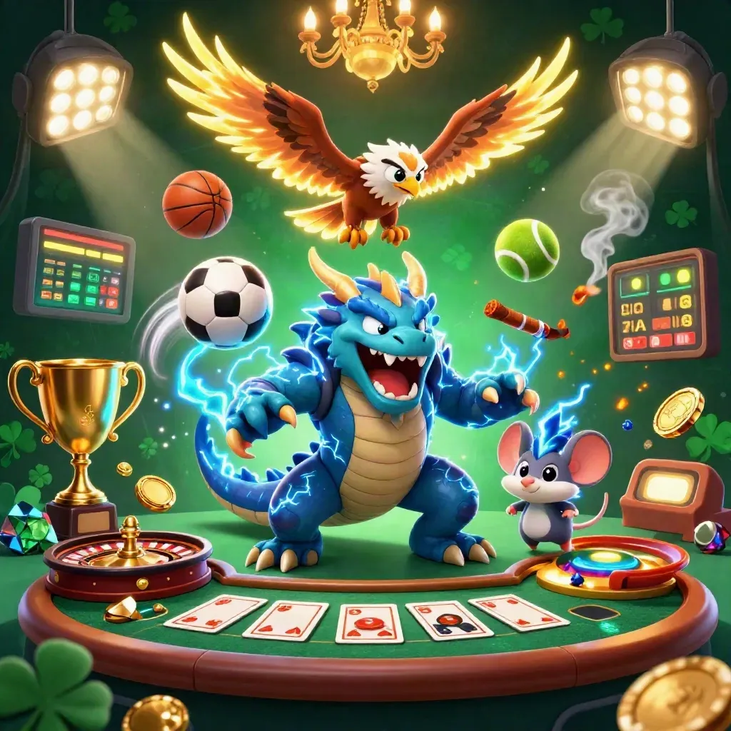 Dragon, wind hawk, and thunder-mouse in a glowing casino with roulette, gems, and sports props.