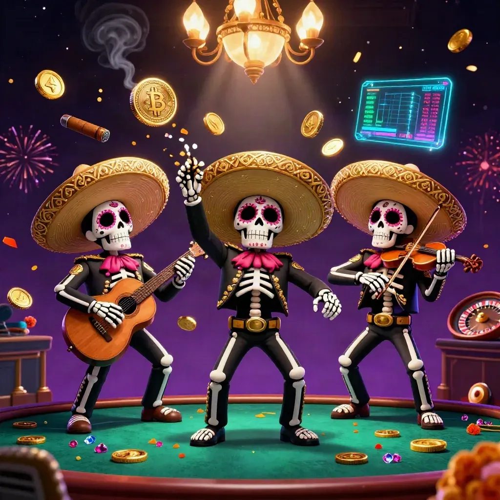 Day-of-the-Dead mariachi skeleton trio in a neon casino room with coins, charts, and fireworks