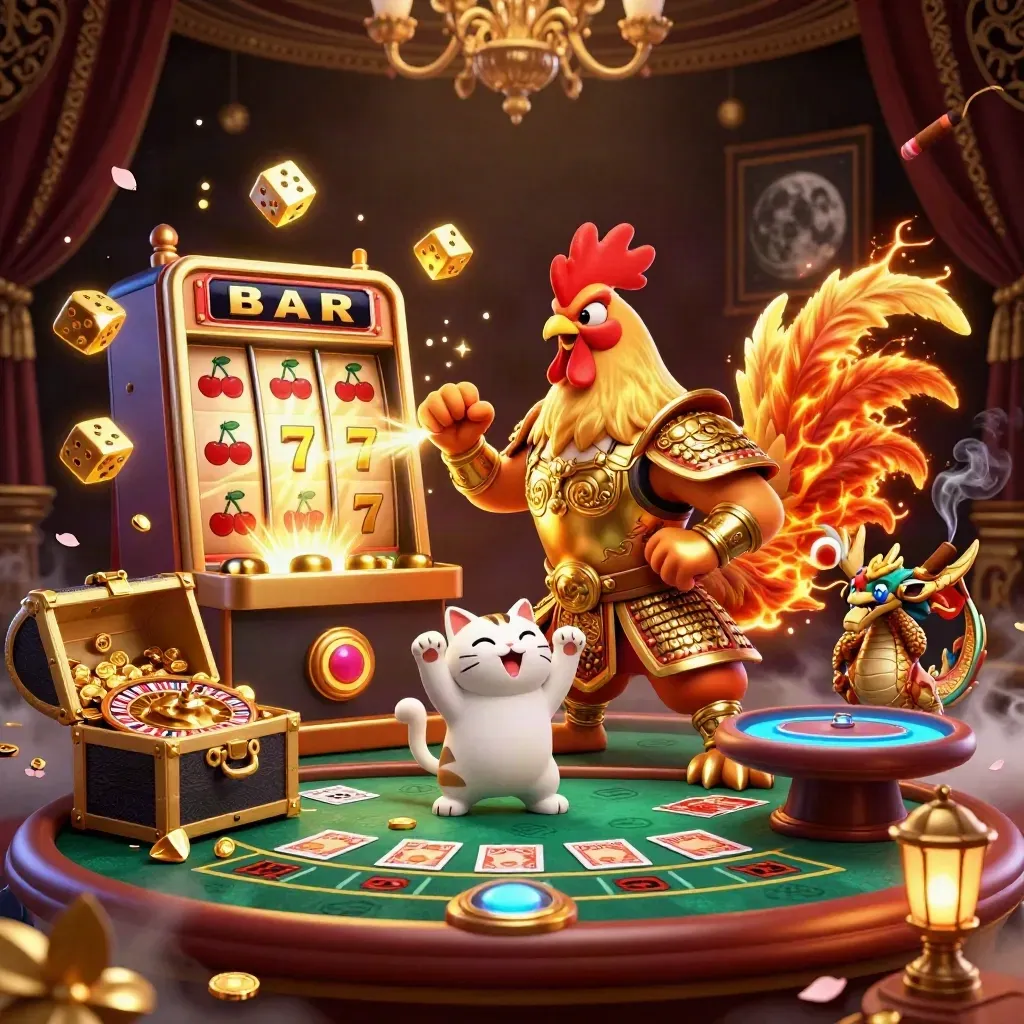 Rooster warrior, dragon hatchling, and fortune-cat amid a jackpot casino explosion