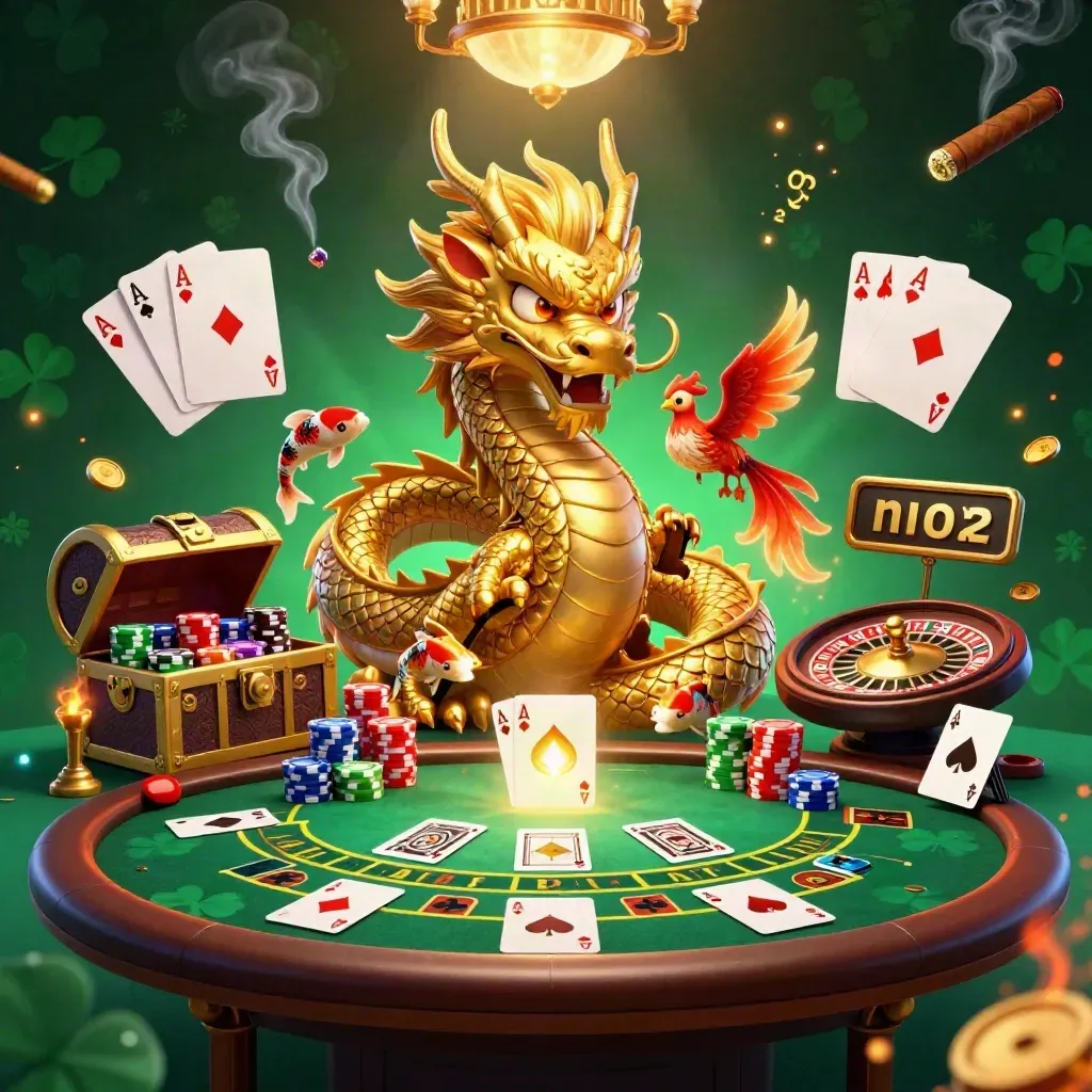 Golden dragon, phoenix and koi amid luxury casino tables, chips, cards and glowing lights.