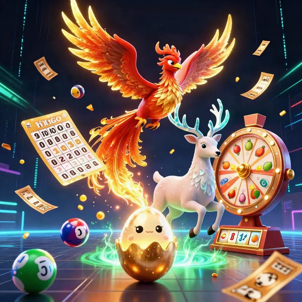 Phoenix, hatchling and stag amid casino bursts, neon grid and gold energy