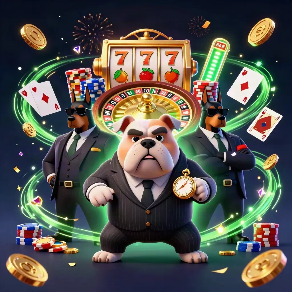 Bulldog mob boss and Doberman guards amid casino gold, gems, roulette and chips.