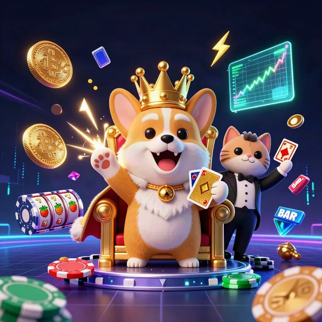 Royal corgi and cat butler amid neon casino magic, coins, reels, lightning and gems.