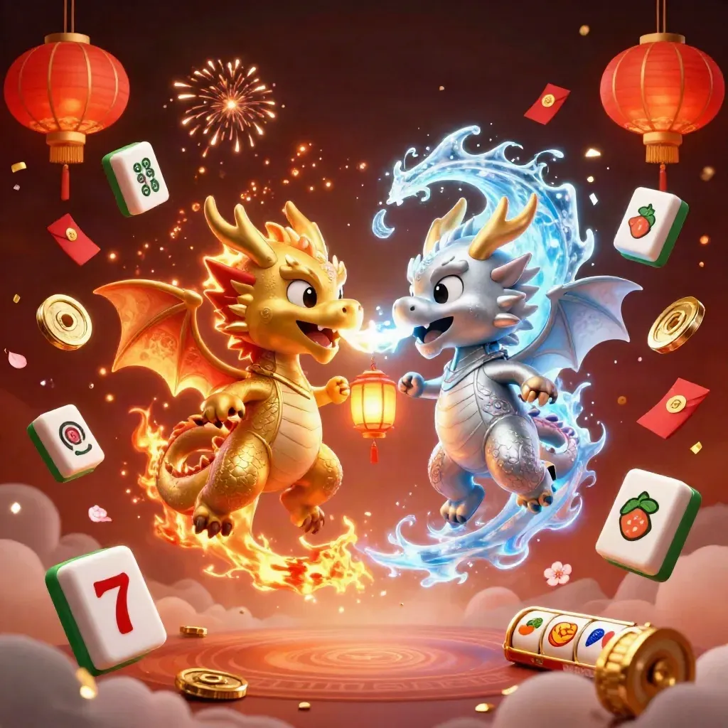 Gold and silver dragons form a yin-yang with casino symbols, lanterns, and glowing embers.