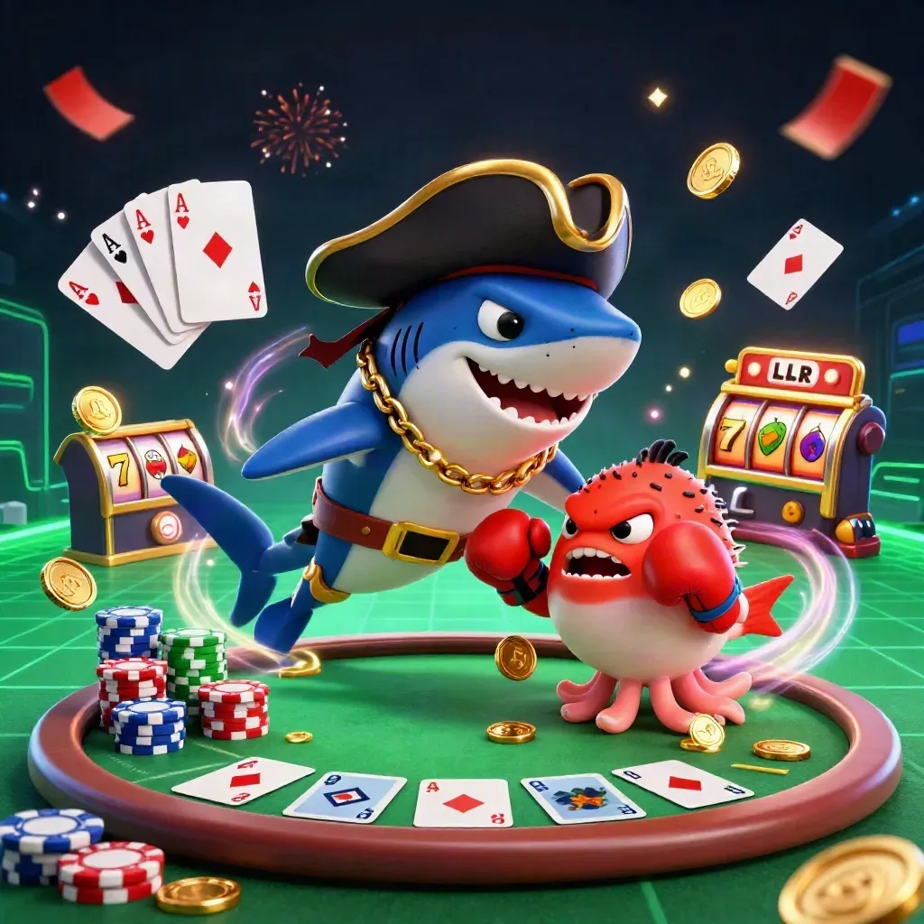 Pirate shark, boxing pufferfish, and coin-juggling octopus amid casino chips and neon effects.